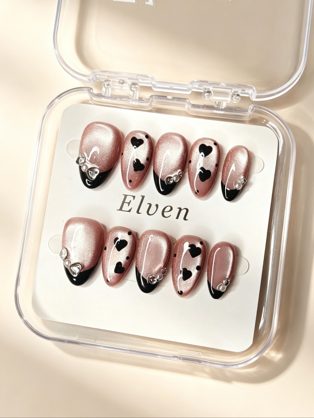 Pink Cat Eye and Black French Tips Handmade Short Almond Press On Nails Set